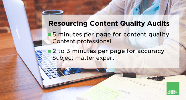 Audit guidelines: 5-minutes per page for quality by a content professional, 2to3-minutes per page for accuracy by a subject matter expert