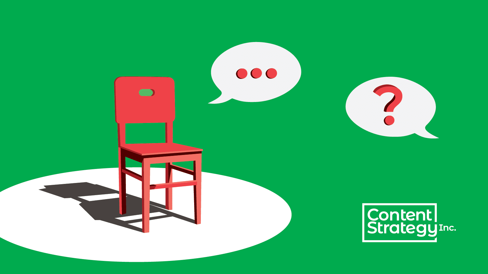 A chair in a spotlight with two speah bubbles. One speech bubble has an ellipsis, the other has a question mark. 
